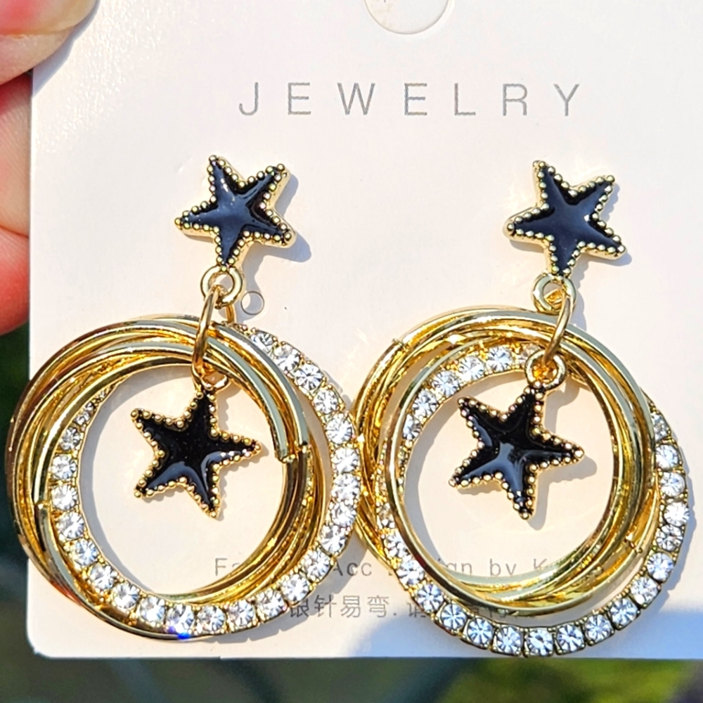 Navy Blue Star Fashion Earrings with Golden Color & WHT Hoops